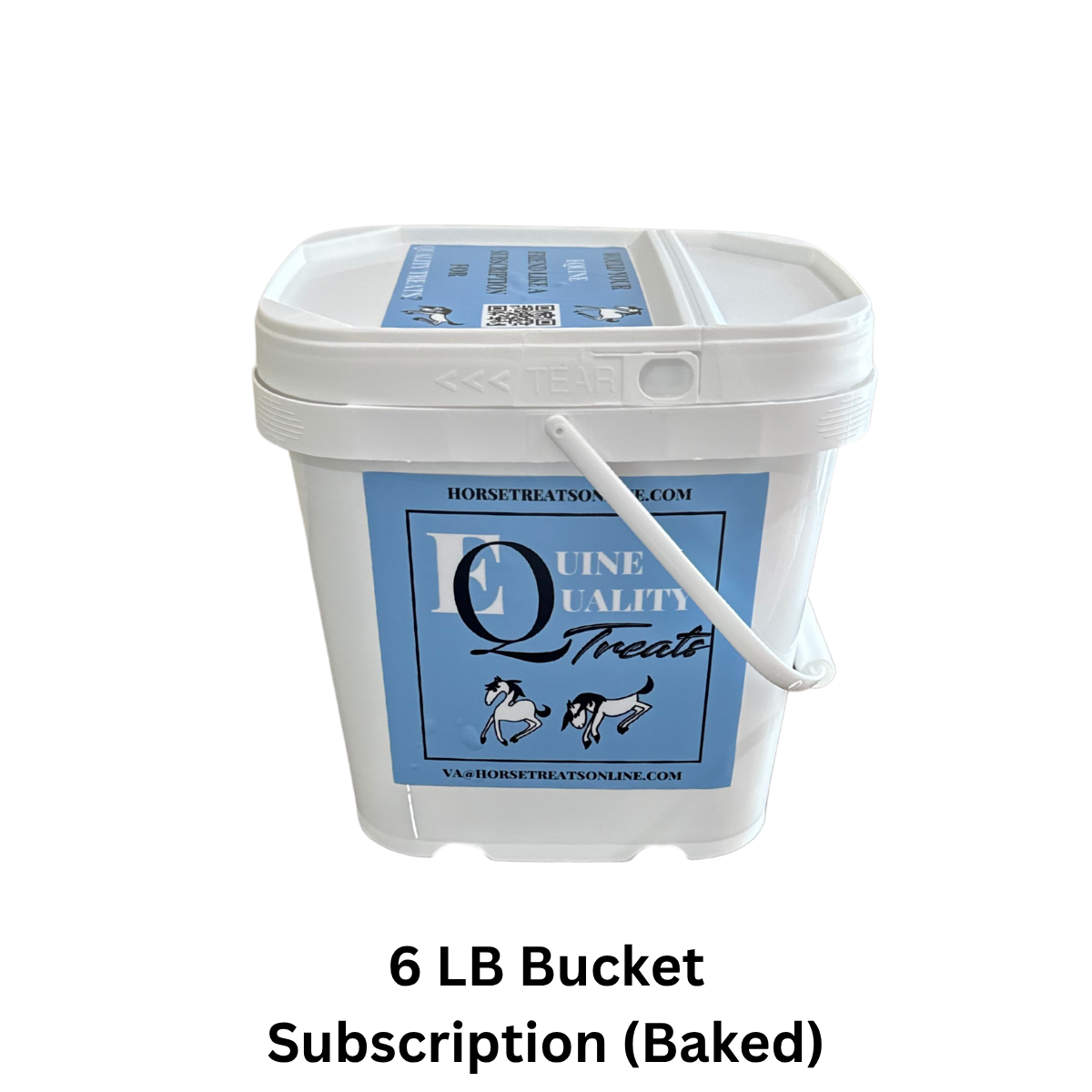 Equine Quality Treats in White bucket with blue label on a white background