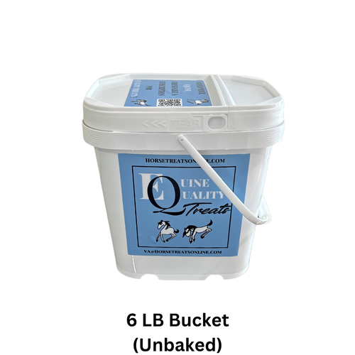 Equine Quality Treats in a white bucket with blue label on a white background