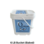 White bucket of Equine Quality Treats with blue label on a white background
