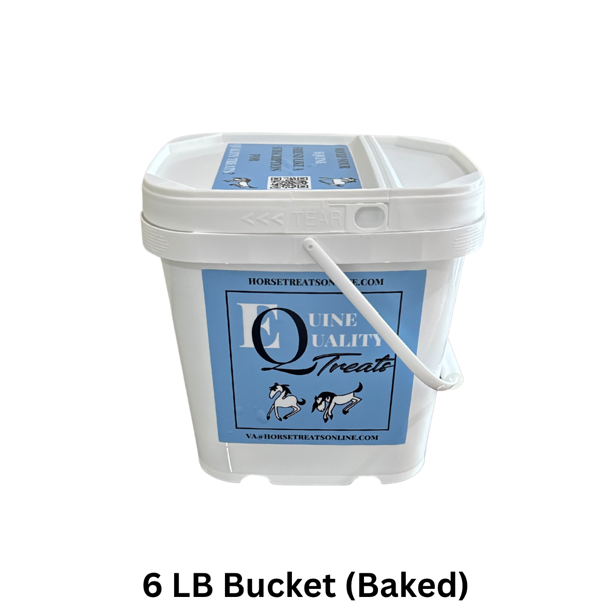 White bucket of Equine Quality Treats with blue label on a white background