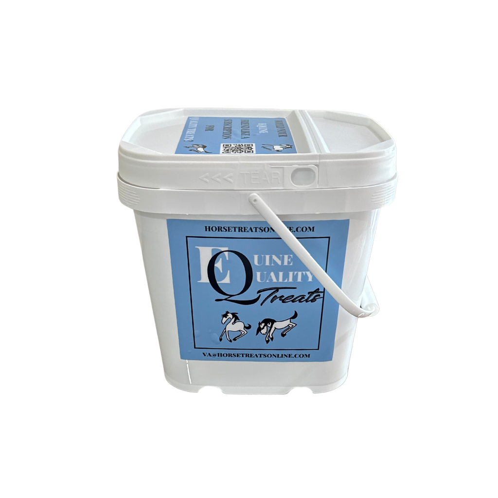 White bucket with blue label featuring 'Equine Quality Treats' on a white background, Horsereatsonline.com