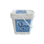 White bucket with blue label featuring 'Equine Quality Treats' on a white background, Horsereatsonline.com