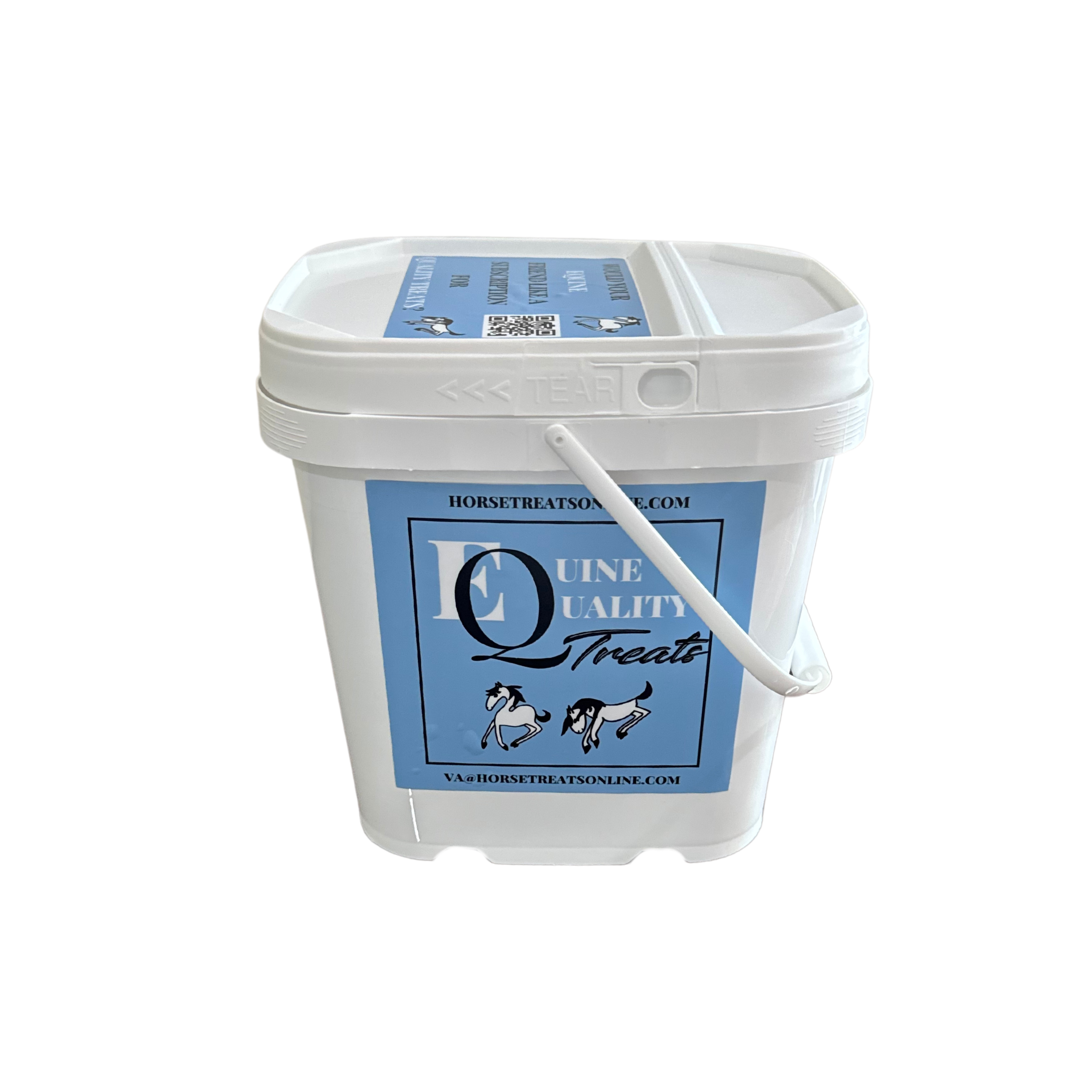 White bucket with blue label featuring 'Equine Quality Treats' on a white background, Horsereatsonline.com