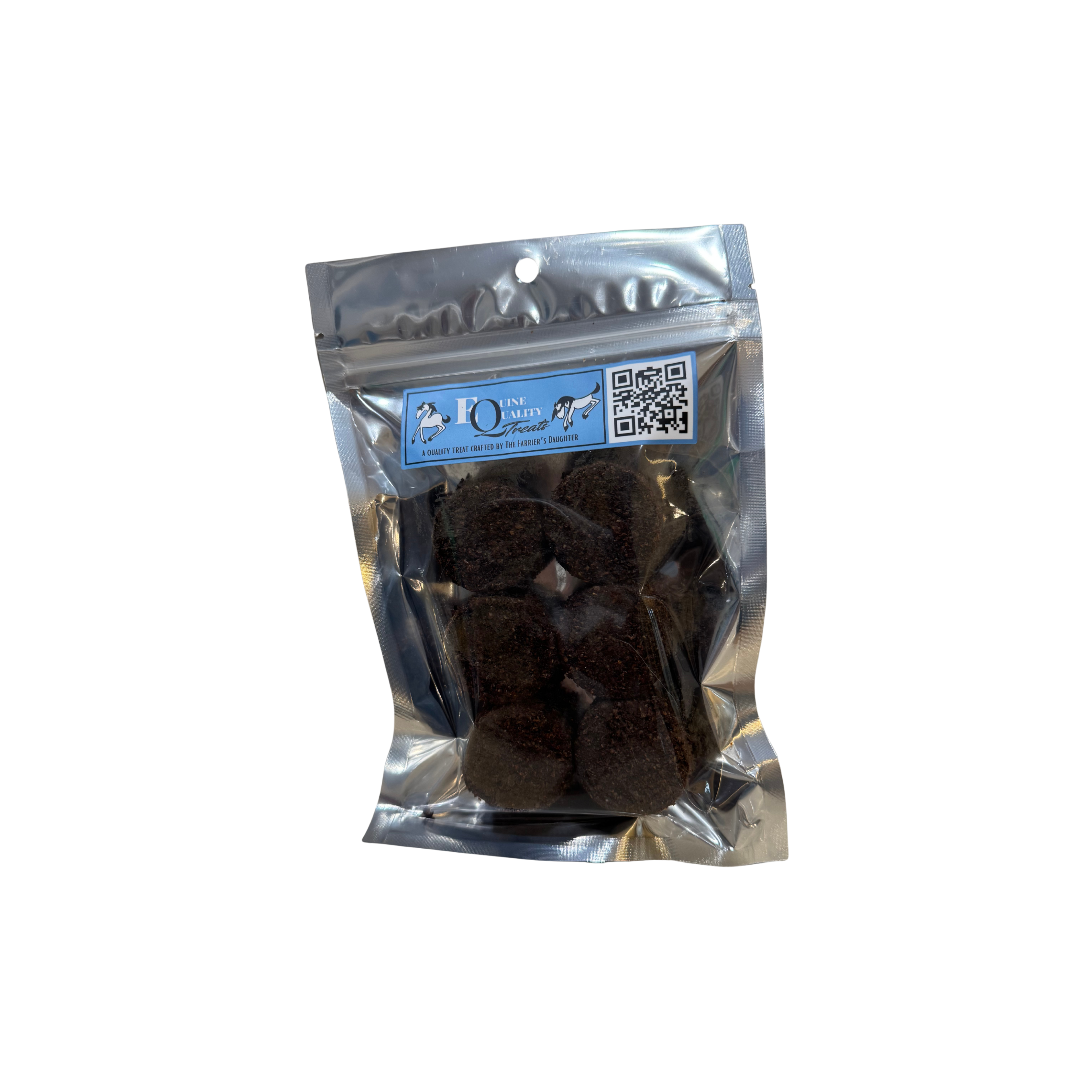 Six Pack of Packaged Equine Quality Treats with a QR code label on a white background
